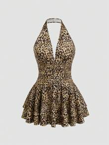 Sweetra Plus Size Women's Leopard Print V-Neck Halter Backless Ruched Double Ruffle Hem Mini Dress,Elegant For Brown,Summer,Beach,Vacation,Holiday,Commute - Brown - View 1