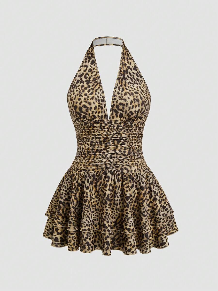 Sweetra Plus Size Women's Leopard Print V-Neck Halter Backless Ruched Double Ruffle Hem Mini Dress,Elegant For Brown,Summer,Beach,Vacation,Holiday,Commute - Brown - View 1
