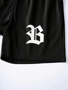 NEOREFINED 男士哥德風 B 字印花卡其色 T恤短褲套裝，休閒穿搭，度假風 - 彩色 - 查看 6