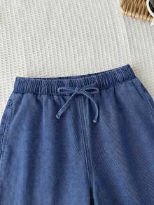 SHEIN Tween Girls' Embroidered Drawstring Waist Curved Hem Pocket Denim Jeans - Medium Wash - View 3