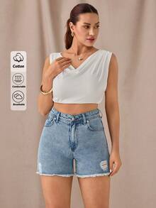 SHEIN Cottnline Bleach Wash Raw Hem High Waist Denim Shorts Everyday Going Out Light Blue Summer Casual Streetwear - Light Wash - View 6