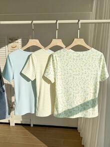 Solflare 3件套加大码女式夏季休闲度假日常通勤纯色、花卉、条纹印花圆领短袖T恤 - 彩色 - 查看 2