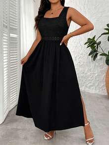 Elenzga Plus Size Women's Elegant Lace Hem Split Square Neck Dress Evening Wedding Black Summer - Black - View 5