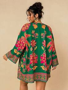 Travachic Đồ mặc resort phong cách Boho cho nữ | Áo khoác cardigan kimono họa tiết hoa nhiệt đới màu xanh đậm - Áo khoác ngoài che bãi biển dáng rộng tay rộng dài vừa - màu xanh lá - Xem 2