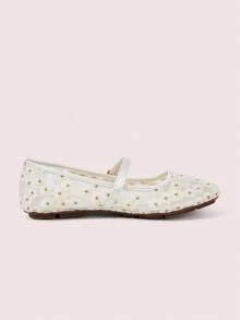 CUCCOO DOLLMOD Women's Shoes, Beige, Round Toe Mary Jane Flats, Flower Embroidered Mesh Yarn, Sweet And Cute, Comfortable, Soft And Breathable - Fireworks - Apricot - View 5