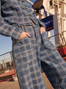 Nöista Blue Plaid Barrel-Leg Trousers With Patch Pockets And Relaxed Shape. Ideal For Travel, Casual Chic Styling And Everyday Fall Winter Outfits. - Blue - View 3