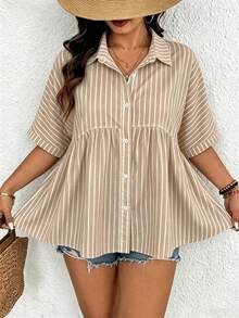 Lounesse Plus Size Women Striped Short Sleeve Single-Breasted Ruffle Hem Blouse - Multicolor - View 4