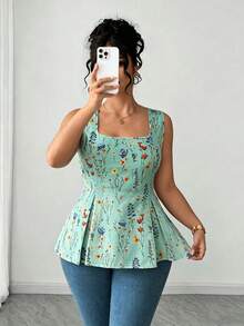 Elenzga Áo sơ mi cổ bẻ họa tiết hoa thanh lịch size lớn, phong cách đồng quê Pháp - Màu xanh Bạc hà - Xem 5