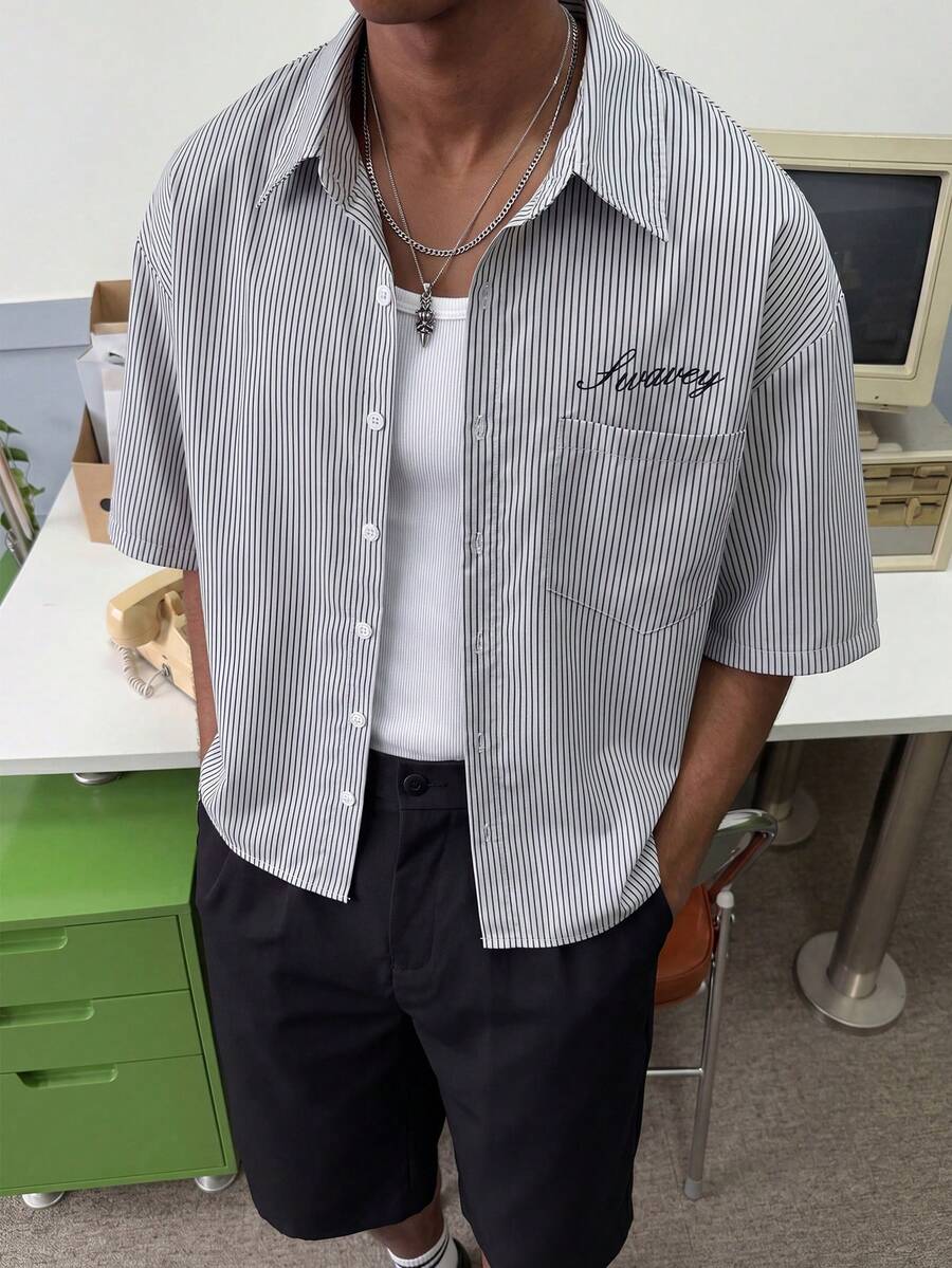 STEELVANCE Men's Striped Print Letter Embroidery Front Button Short Sleeve Shirt - Black and White - View 1