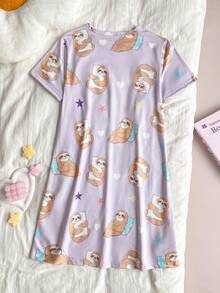 Girls' Elegant Purple Base Cute Sloth Print Long Sleeve Nightgown Loungewear - Purple - View 3