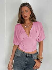 Aloruh Apricot Deep V Ruched Short Sleeve Tight Fitted Women T-Shirt - Lilac Purple - View 4