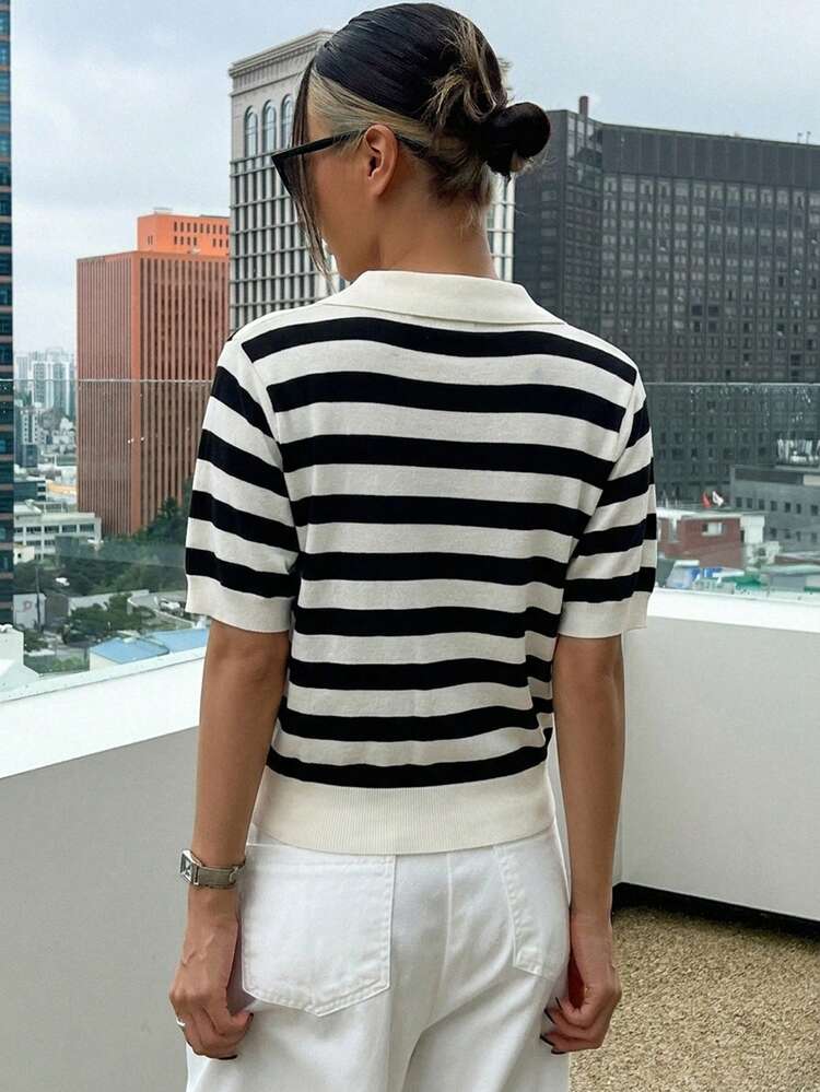 Striped Polo Collar Short Sleeve Casual Knit Top For Women, Spring & Summer