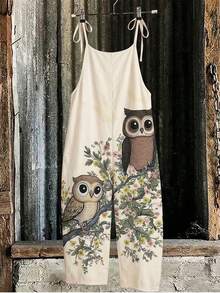 SHEIN LUNE Plus Size Women's Owl Print Romantic Casual Camisole, Versatile For Early Summer, Suitable For Fashionable Jumpsuit - Multicolor - View 1
