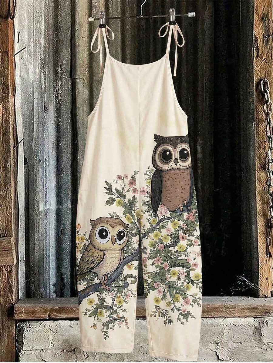 SHEIN LUNE Plus Size Women's Owl Print Romantic Casual Camisole, Versatile For Early Summer, Suitable For Fashionable Jumpsuit - Multicolor - View 1