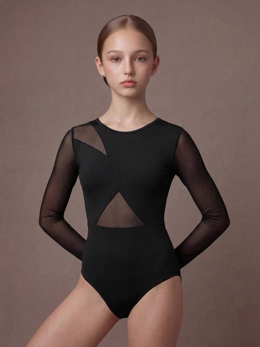 SHEIN 少女纯色圆领网纱拼接长袖连体运动服 - 黑色 - 查看 1