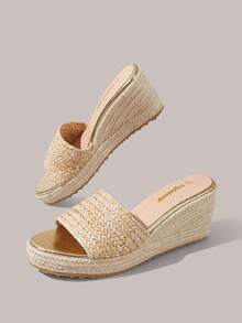Styleloop Giày nữ, màu nâu, giày rơm đan bằng dây gai dầu, sandal đế xuồng, giày giúp tăng chiều cao, phong cách bohemian cho kỳ nghỉ. - Màu be - Xem 10