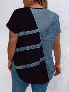 EMERY ROSE A V-Neck Short-Sleeved Casual T-Shirt With A Pieced Pattern And Diagonal Stripes, In Spring Style - Multicolor - View 2