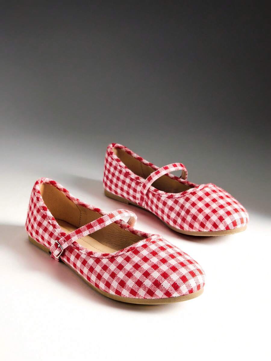 Solezae Women's Fashionable Check Fabric MaryJane Flats - Red - View 1