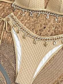 Swim Vcay Springbreak Solid Color Textured Fabric Shell Trim Halter Tie Bikini Top And Tie Triangle Bottoms Summer Vacation Beach Party Women's Bikini Set - Khaki - View 4