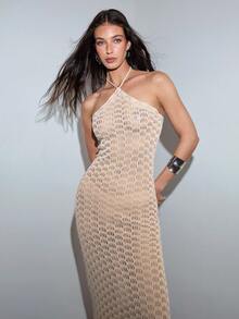 MOTF PREMIUM HOLLOW-OUT KNIT HALTER NECK SPLIT DRESS - Apricot - View 5