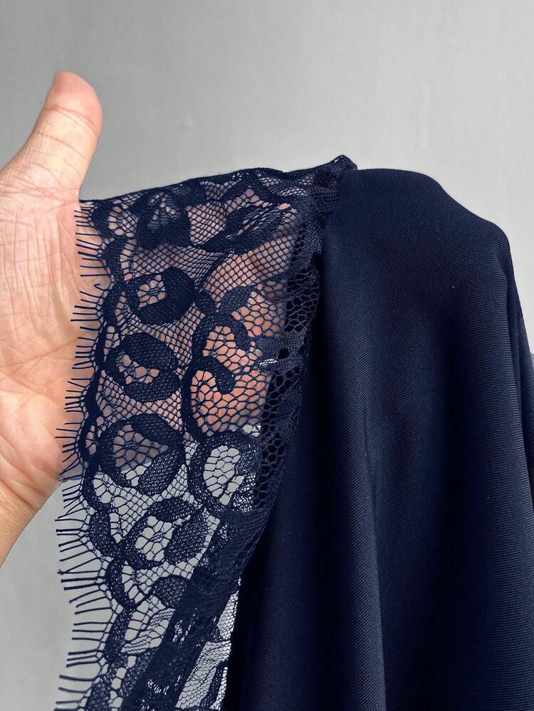 NU&NOW Đầm slip dáng ôm gợi cảm, thanh lịch, xẻ tà, màu trơn phối ren dành cho nữ cỡ lớn - Màu xanh hải quân - Xem 6