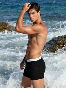 ZELFYO Men's Drawstring Waist Casual Swim Trunks - Black - View 4