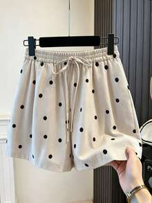 GlowEve CURVE Plus Size Women's Polka Dot Loose Casual Woven Shorts, Sweet Beachwear Relaxed Retro Korean Style Commuter - Grey - View 1