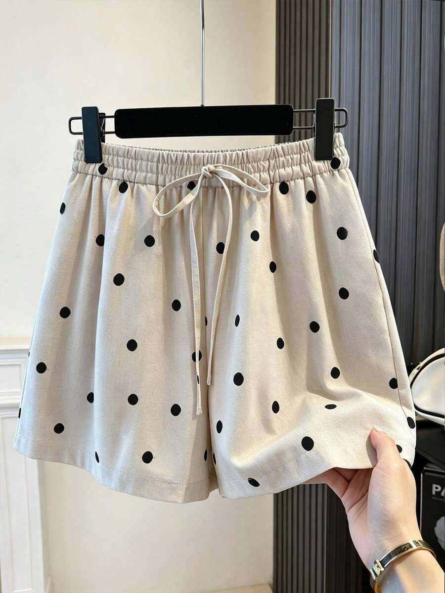 GlowEve CURVE Plus Size Women's Polka Dot Loose Casual Woven Shorts, Sweet Beachwear Relaxed Retro Korean Style Commuter - Grey - View 1