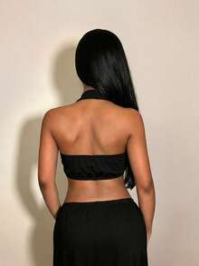 BamGleam Women's Fashion Versatile Lace Button Patchwork Backless Halter Neck Blouse - Black - View 2