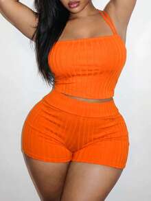 Slaydiva Women's Plus Size Two Pieces Set, Summer Orange Smart Casual Sexy Beach Vacation Rave Party Gym Strapless Tank Top High-Waisted Cycling Shorts, Sporty - Orange - View 6