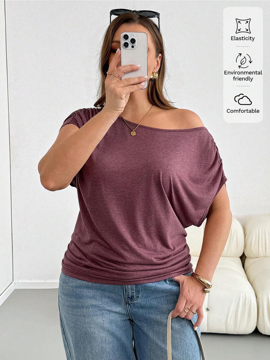 SHEIN Essnce Áo thun cổ lệch màu trơn dáng rộng mùa hè cỡ lớn - Màu đỏ tím - Xem 1