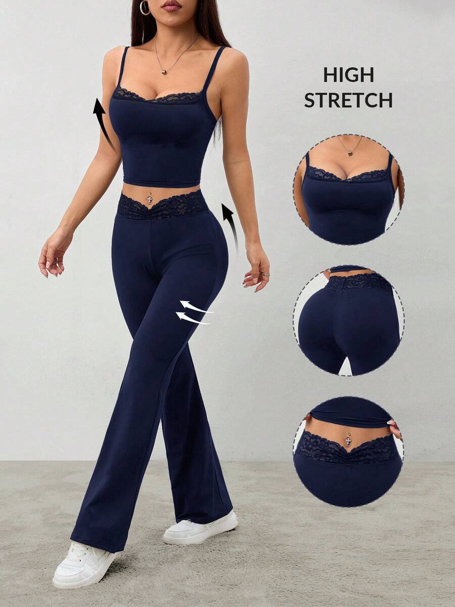 SHEIN PETITE 夏季黑色蕾絲拼接吊帶 + 喇叭褲女款修身兩件套,適合嬌小女性 - 藏蓝色 - 查看 1