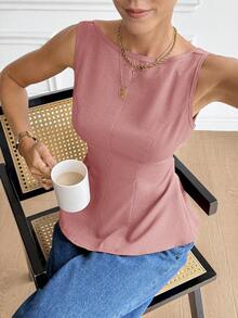 Serisse Women's Solid Color Backless Tie Knot Sleeveless Shirt - Dusty Pink - View 5