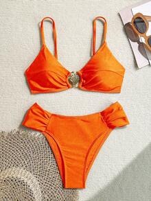 Swim Basics 女士性感金属装饰高衩褶皱细肩带比基尼套装，夏季海滩度假泳装 - 橘色 - 查看 5