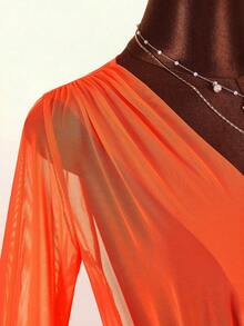 Amplova Robe femme à manches longues, col cache-cœur, manches évasées, dos nu, avec franges à l'ourlet, sexy et avant-gardiste - Orange - Voir 9