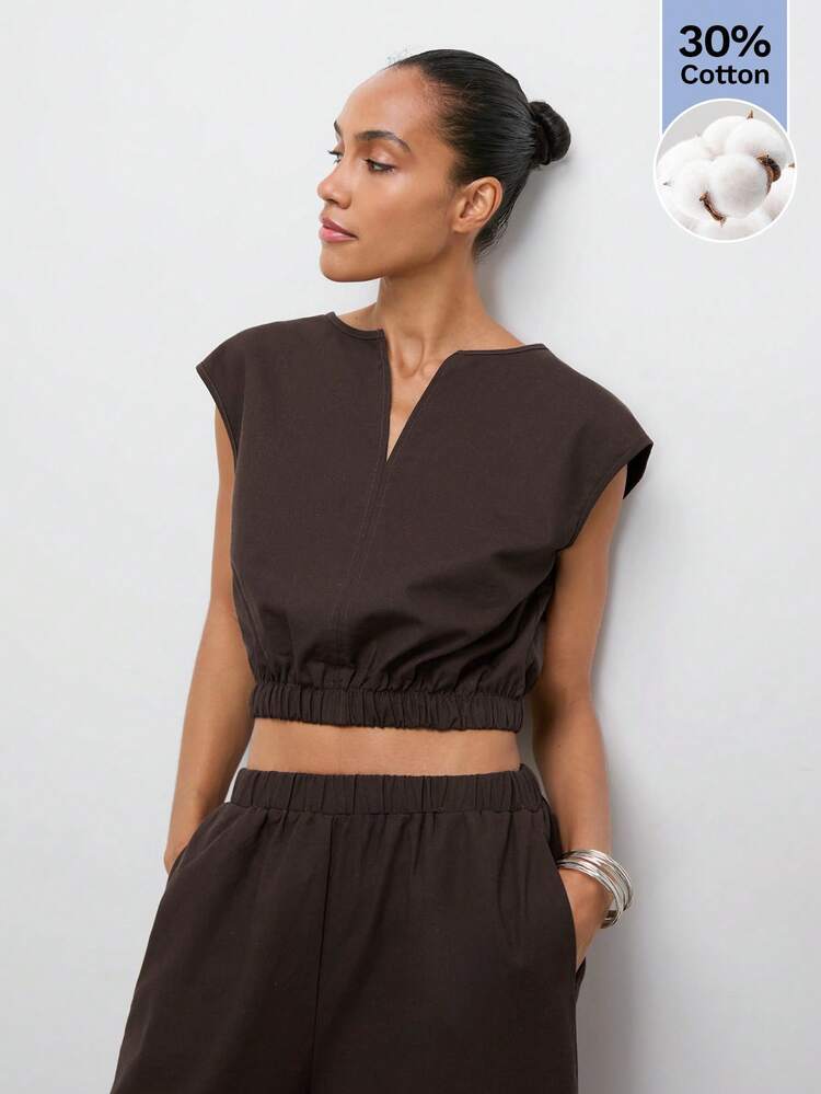 SHEIN Maija Dark Brown Summer Women's Casual 2 Pieces Set,Everyday Minimalist Drop-Shoulder Comfortable Cotton Linen Fabric Beach Travel Festival Festa Junina