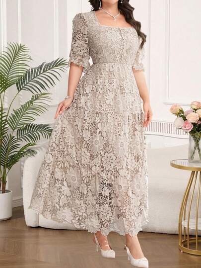 SHEIN Clasi Vestido de verano de talla grande para mujer, con elegante estilo vacacional, cuello cuadrado de encaje hidrosoluble y cintura ceñida