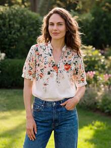 Dayvera Women's Elegant Summer Casual Floral Textured Linen Bamboo Fiber Short Sleeve Shirt, Suitable For Vacation, Commute And Daily Wear Beige - White - View 3