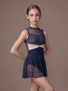 SHEIN Tween Girls' Ballet Leotard Dress With Attached Skirt, Navy Blue, High Mock Neck With Mesh Upper Chest, Scale-Pattern Bodice, Mesh Skirt, Solid, Knit - Navy Blue - View 4