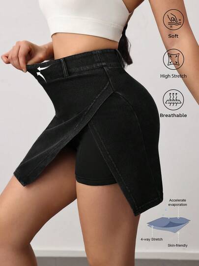 VARSIVA Falda pantalón de mezclilla con cintura alta y abertura lateral con bolsillos para teléfono VARSITIE, falda pantalón casual y deportiva para uso diario para mujeres
