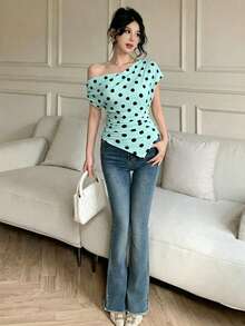 Celisse Women's Asymmetric Hem Polka Dot Print Short Sleeve Fitted Fashionable Summer T-Shirt - Green - View 3