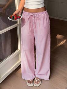 CovetEZ Este pantalón con rayas rojas es de estilo de moda, con una alta relación calidad-precio, muy adecuado para uso casual, vacaciones, uso en el hogar y en la playa. - Rojo - Ver 3