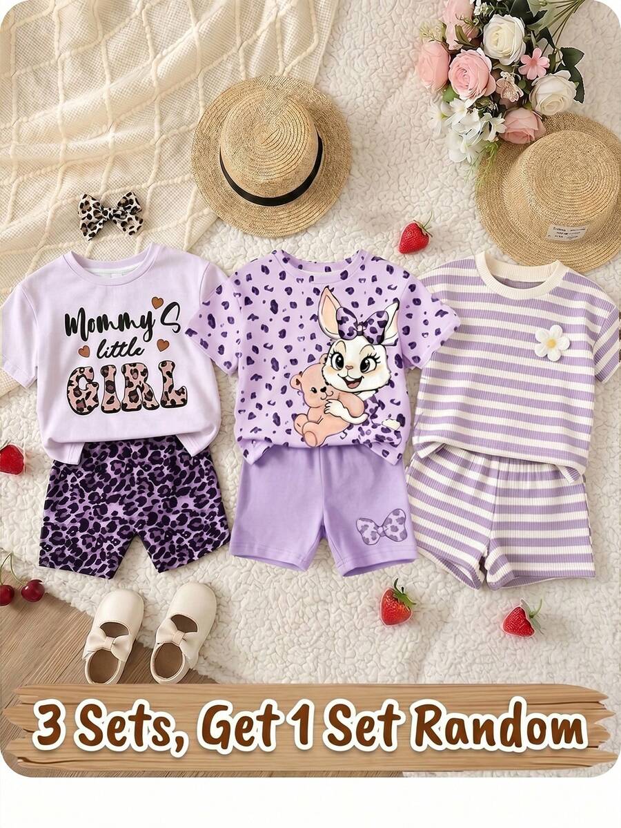 SHEIN 妈妈的小女孩❤,紫色调,复古豹纹,女婴休闲简约圆领宽松短袖T恤和修身短裤套装,适合春夏穿着 - 彩色 - 查看 1