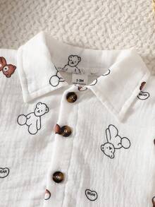SHEIN 2件套新生儿休闲日常针织提花衬衫，短袖上衣，松紧腰短裤，舒适百搭，适合外出或夏季穿着 - 棕色 - 查看 9