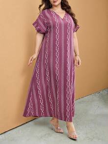 Al Najma Plus Size Printed Tassel Maxi Casual Dress For Women - Dusty Pink - View 5