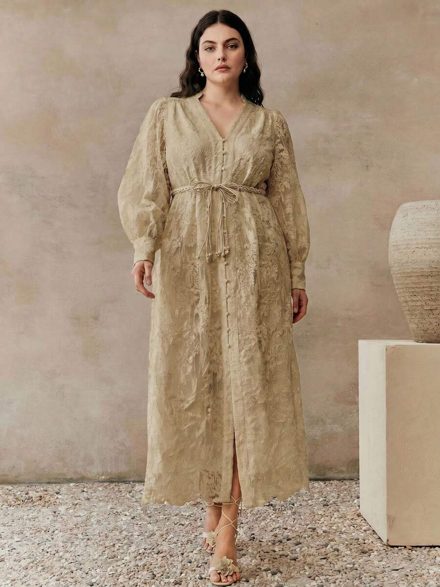 Anewsta 优雅时尚小立领刺绣蕾丝修身大码女装连衣裙,春夏款 - 卡其色 - 查看 1