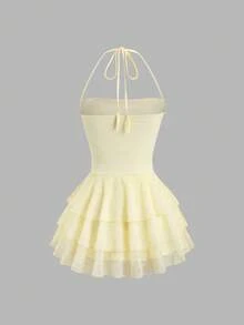Sweetra Women's New Solid Pink Lace Textured Fabric Mini Dress, Suitable For Commuting, Outing, Work, Picnic, Cute & Youthful, Spring/Summer/Autumn - Yellow - View 2