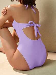 Swim Basics 女士简约时尚假日可爱蝴蝶结褶皱三角杯连体泳衣，海滩度假 - 淡紫色 - 查看 2