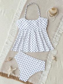 SHEIN Tween Girl Printed Polka Dot Halter Tankini Swimwear Set, Suitable For Beach, Vacation - Black and White - View 2
