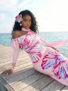 Slaydiva Nuevo estilo de verano, perfecto para fiestas de cumpleaños, regreso a la escuela, preppy, ropa de estudiante, salidas diarias, básico y versátil, casual, vacaciones, viajes en crucero, playa, , tomar el sol, estilo en línea, estilo callejero, chica sexy milenial Y2K, vestido de malla con lazo de un hombro, estampado floral grande, bloqueo de color macaron, vestido largo ajustado - A - Rosa - Ver 3